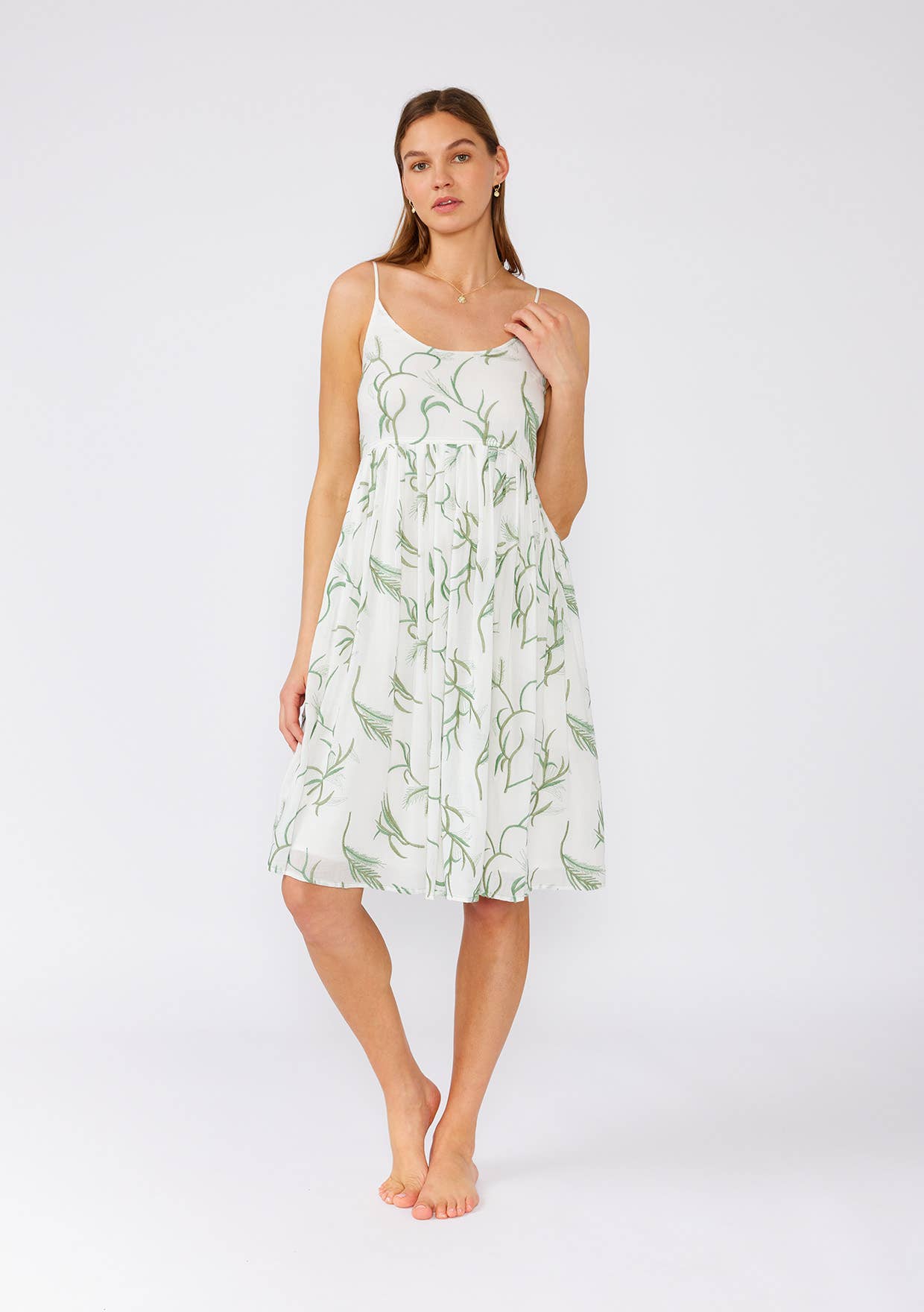 Palm Embroidered Spaghetti Strap White Empire Mini Dress