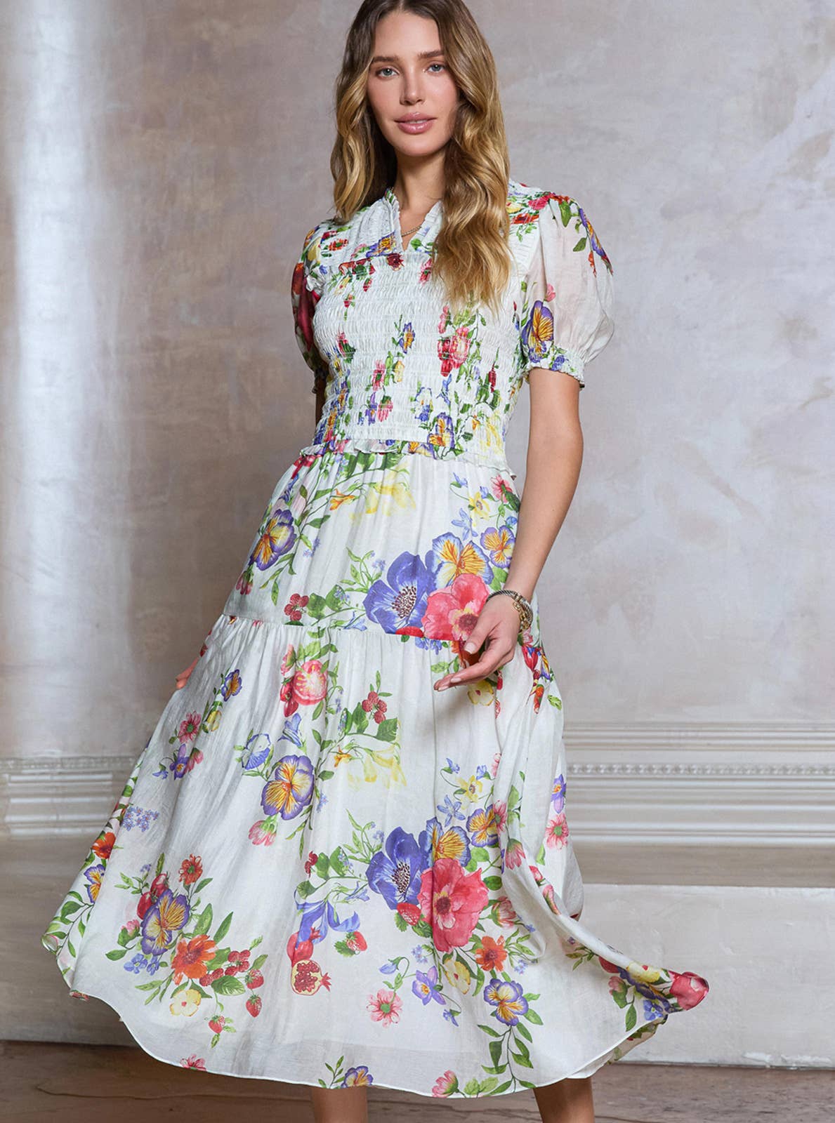 Floral Printed Smocked Midi Dress