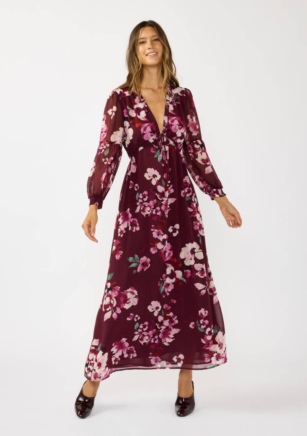 Floral V-Neck Drawstring Waist Maxi Dress