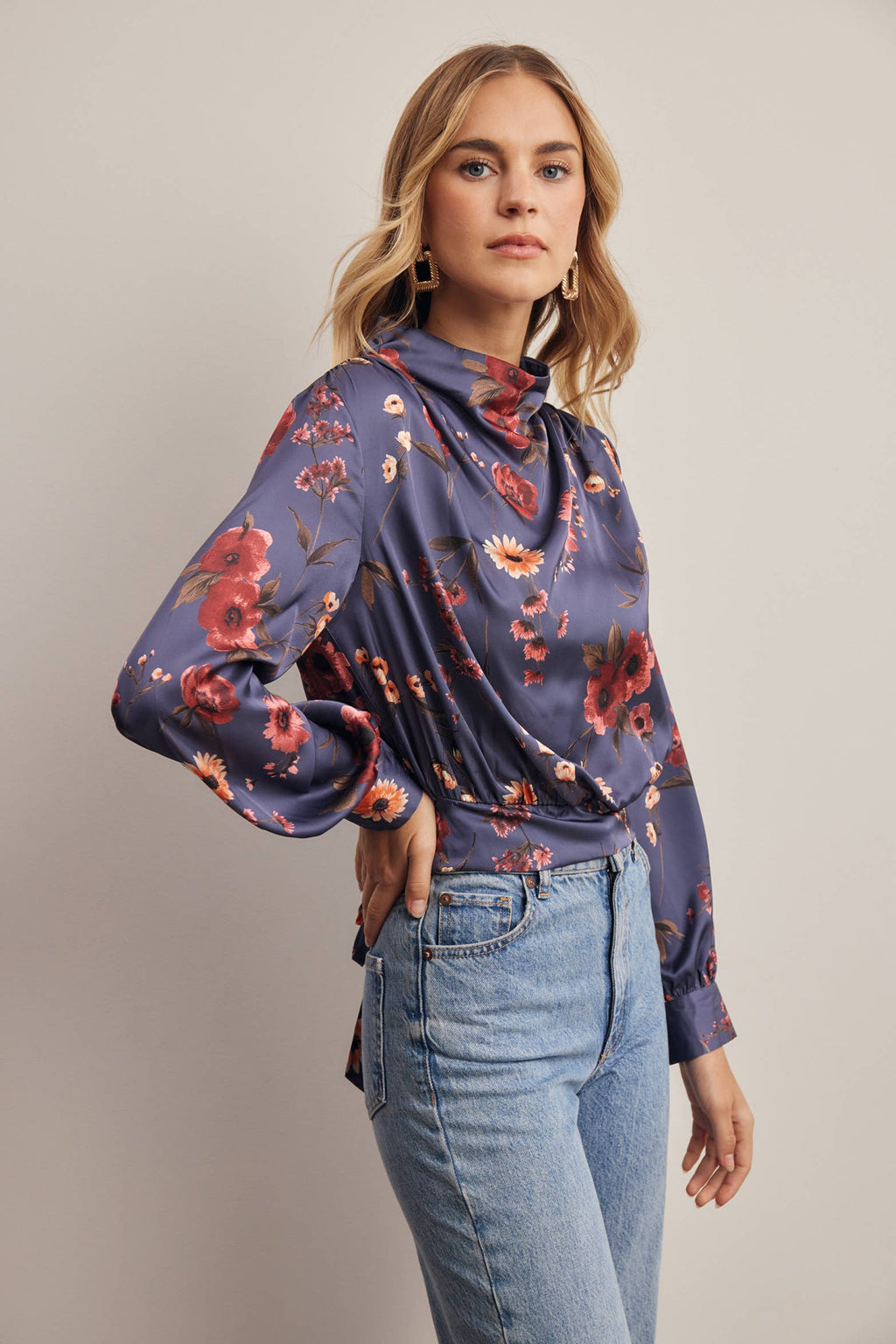 Floral Mock Neck Tie Back Blouse