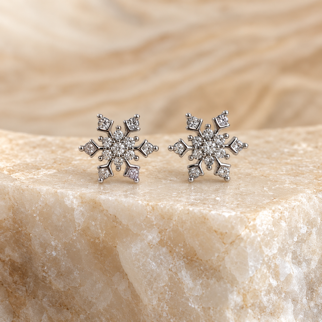CZ Snowflake Stud Earrings - Gold and Silver