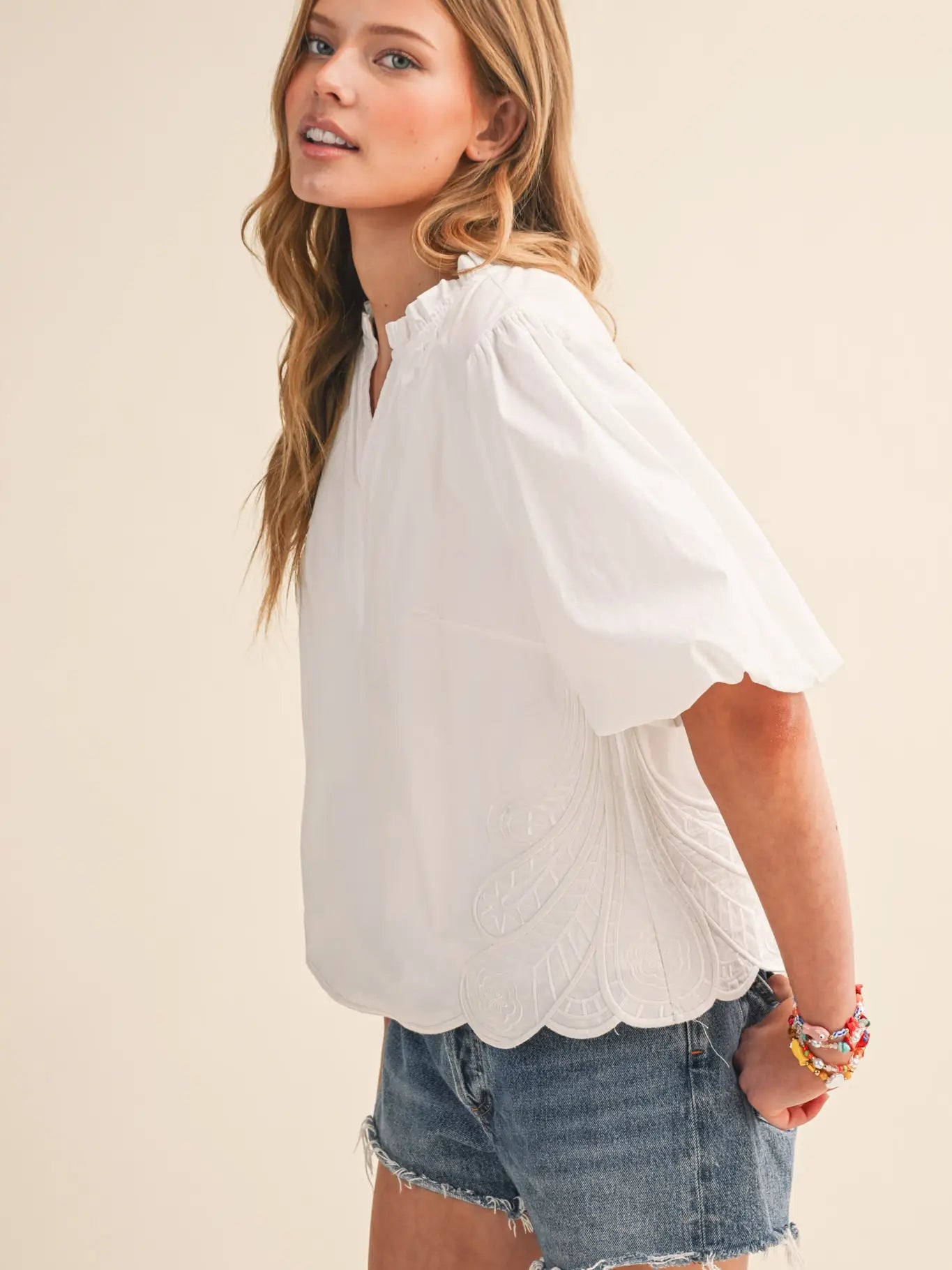 Bubble Sleeve Top With Side Embroidery