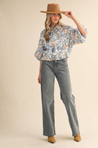 Paisley Print Button Down Bubble Sleeve Top