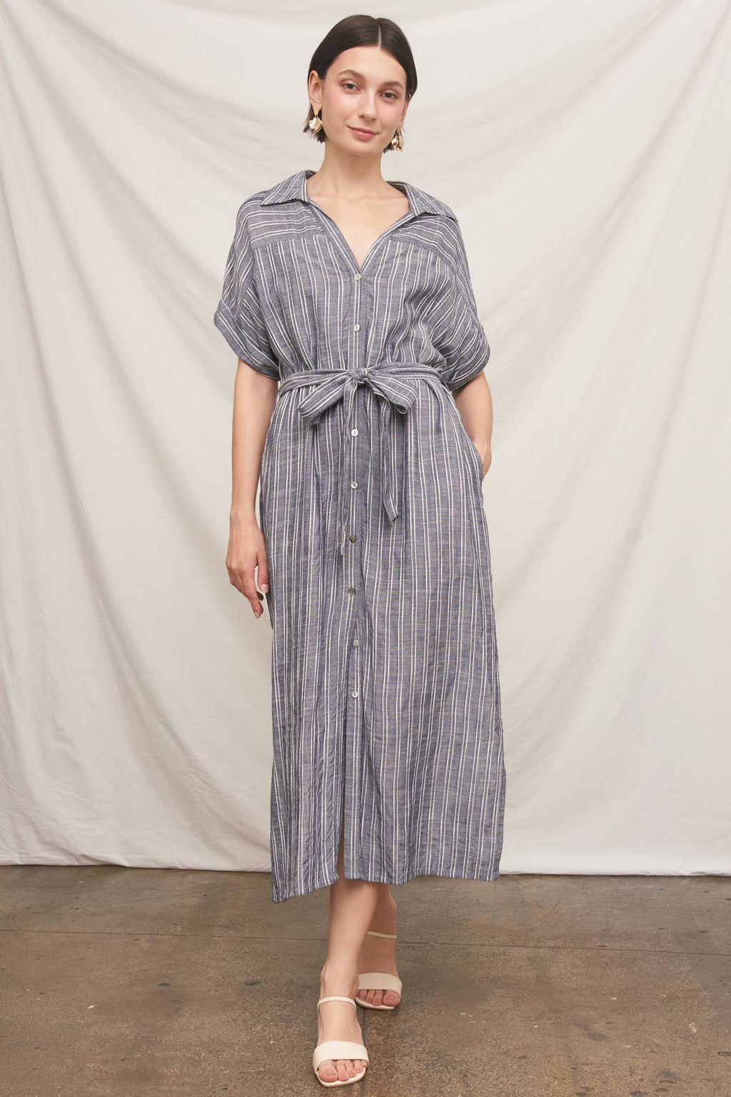Short Sleeve Striped Button Down Shirt Dress