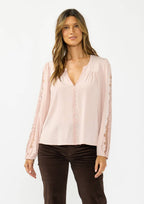 Long Sleeve Split Neck Blouse with Floral Embroidery