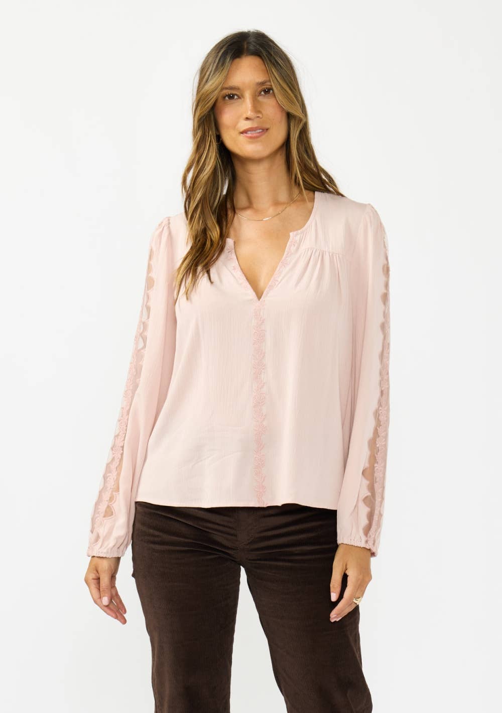 Long Sleeve Split Neck Blouse with Floral Embroidery