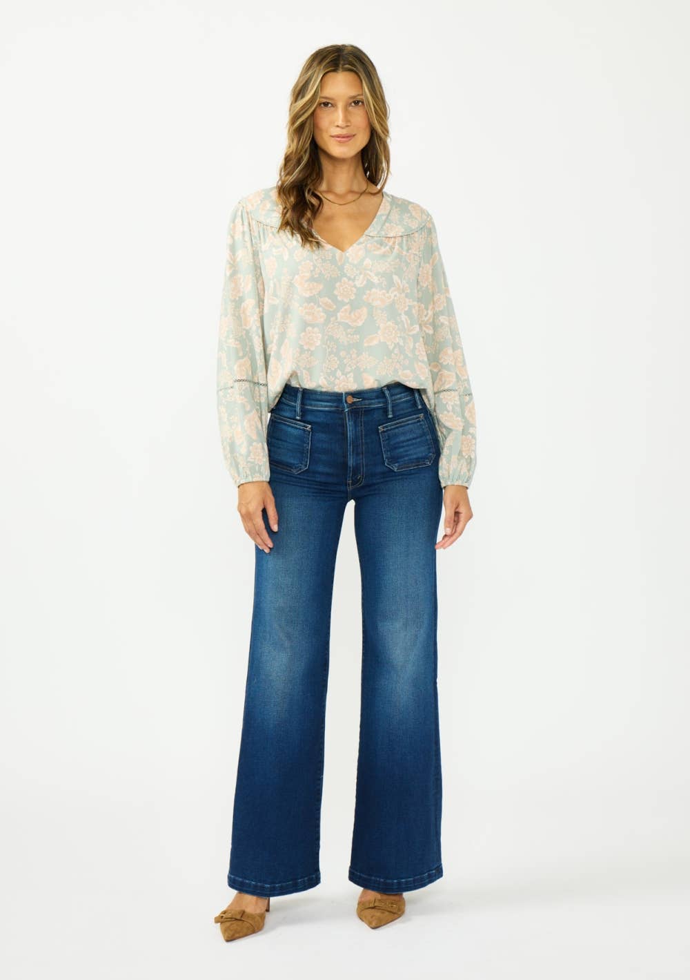 Lace-Trim V-Neck Floral Blouse