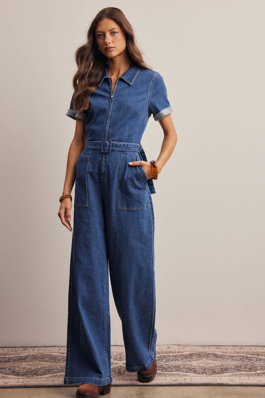 Belted Stretch Denim Wide-Leg Jumpsuit