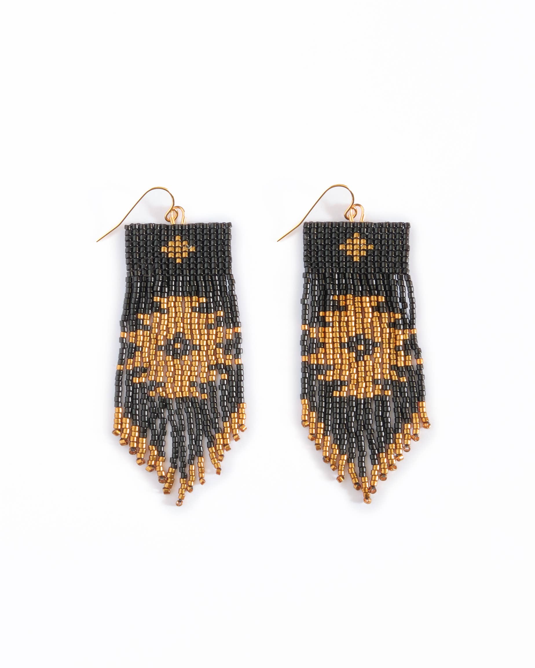 Beaded Handwoven Tribal Fringe Earrings (Cream/Black)