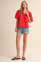 Bubble Sleeve Top With Side Embroidery