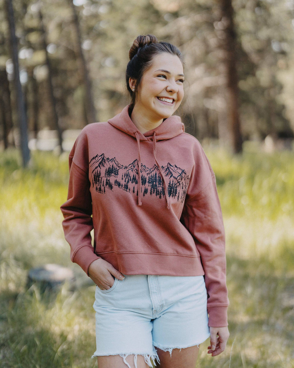 Mountain Sketch Ladies Crop Hoodie - Desert Rose