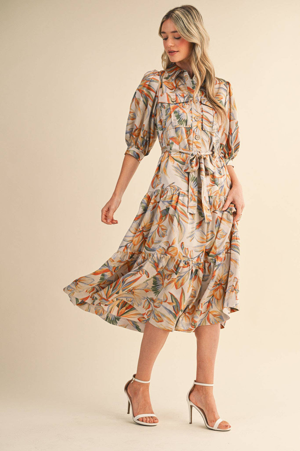 Button Down Tiered Midi Dress