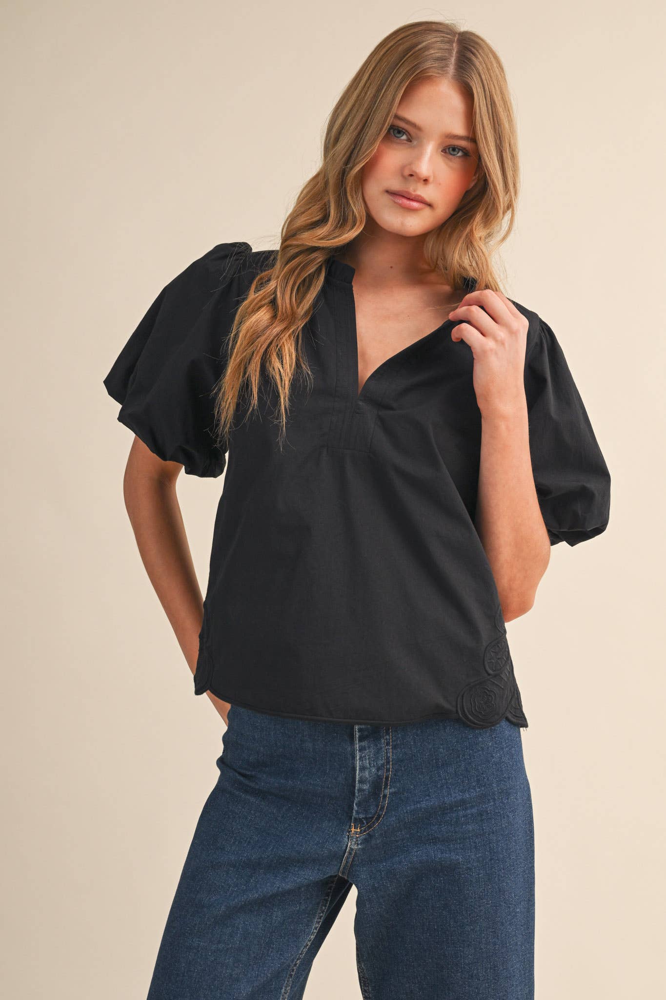 Bubble Sleeve Top With Side Embroidery