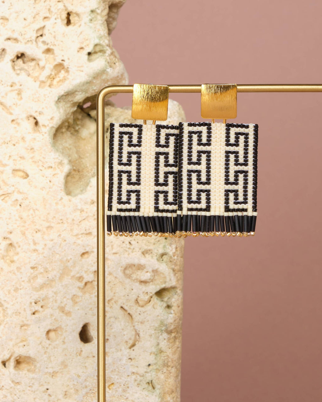 Beaded Handwoven Guajira Square Earrings (Cream/Black)