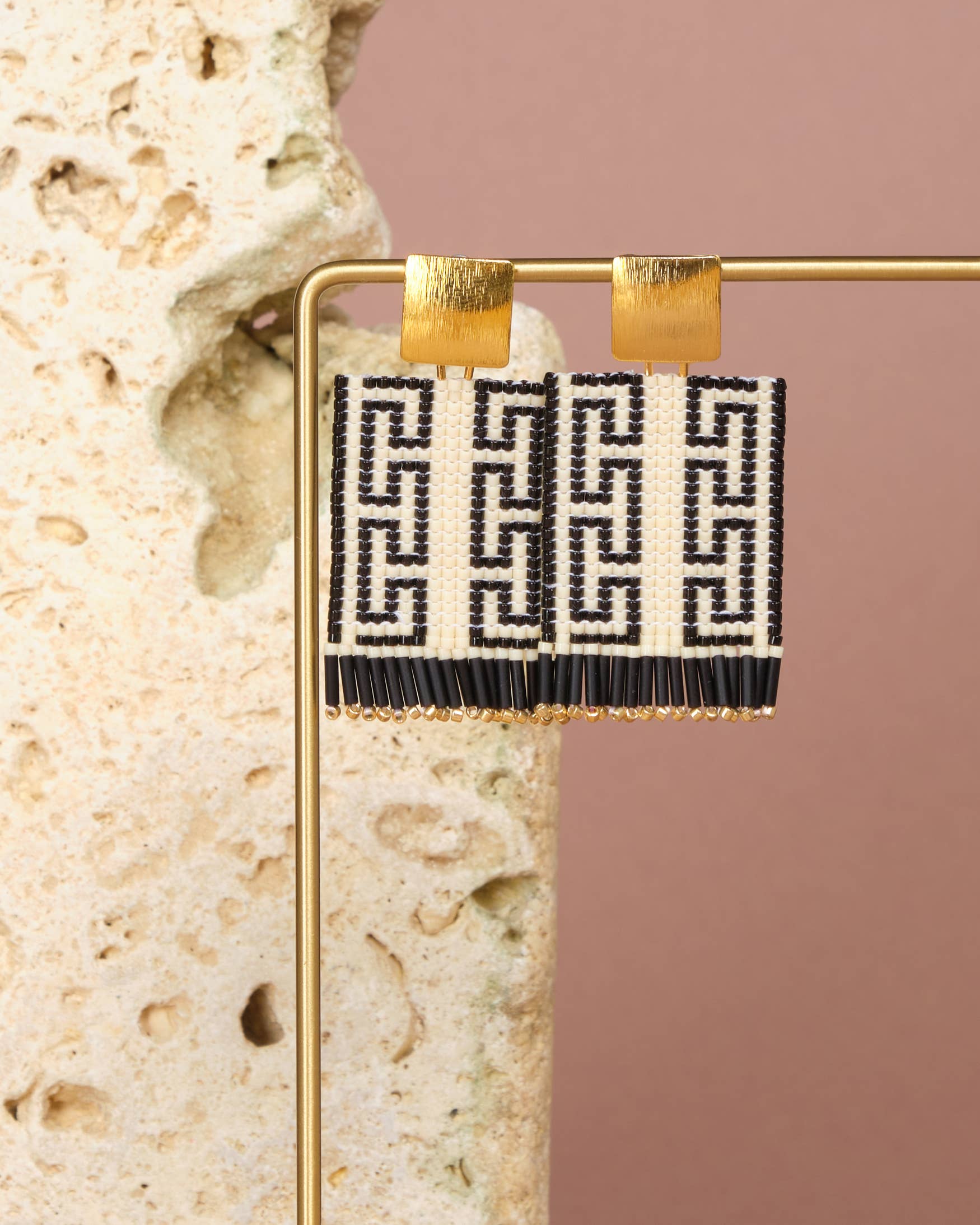 Beaded Handwoven Guajira Square Earrings (Cream/Black)