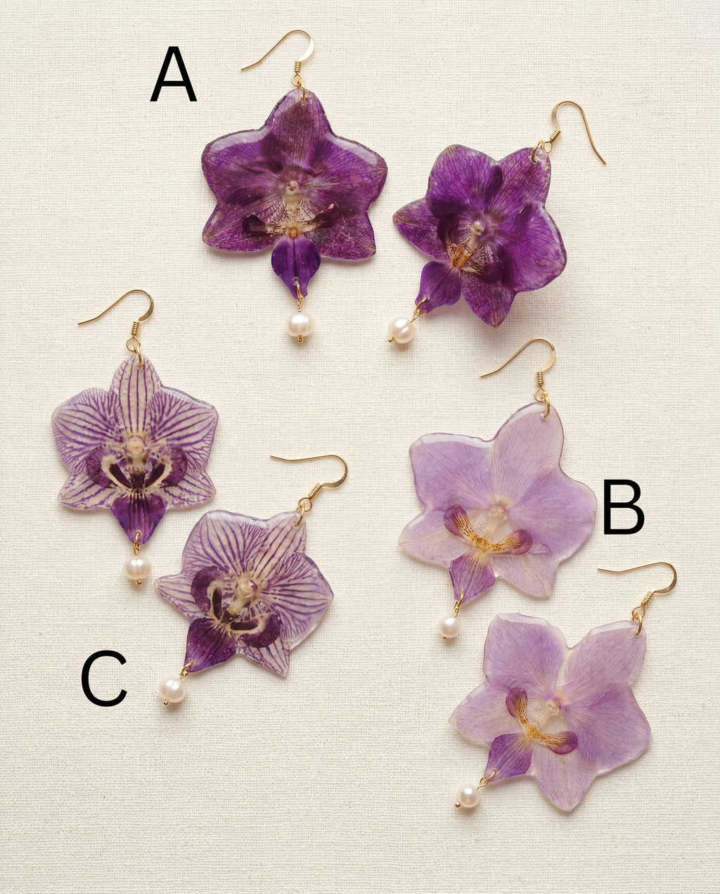 Pressed Orchid Flower Earrings, Freshwater Pearl