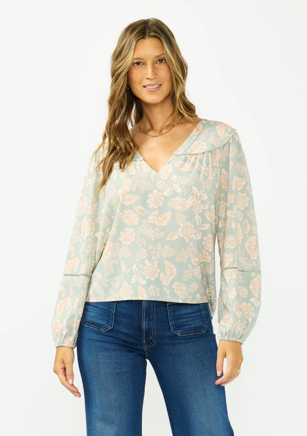 Lace-Trim V-Neck Floral Blouse