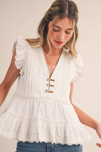 MIXED MEDIA CONTRAST STITCH LACE TRIM TOP