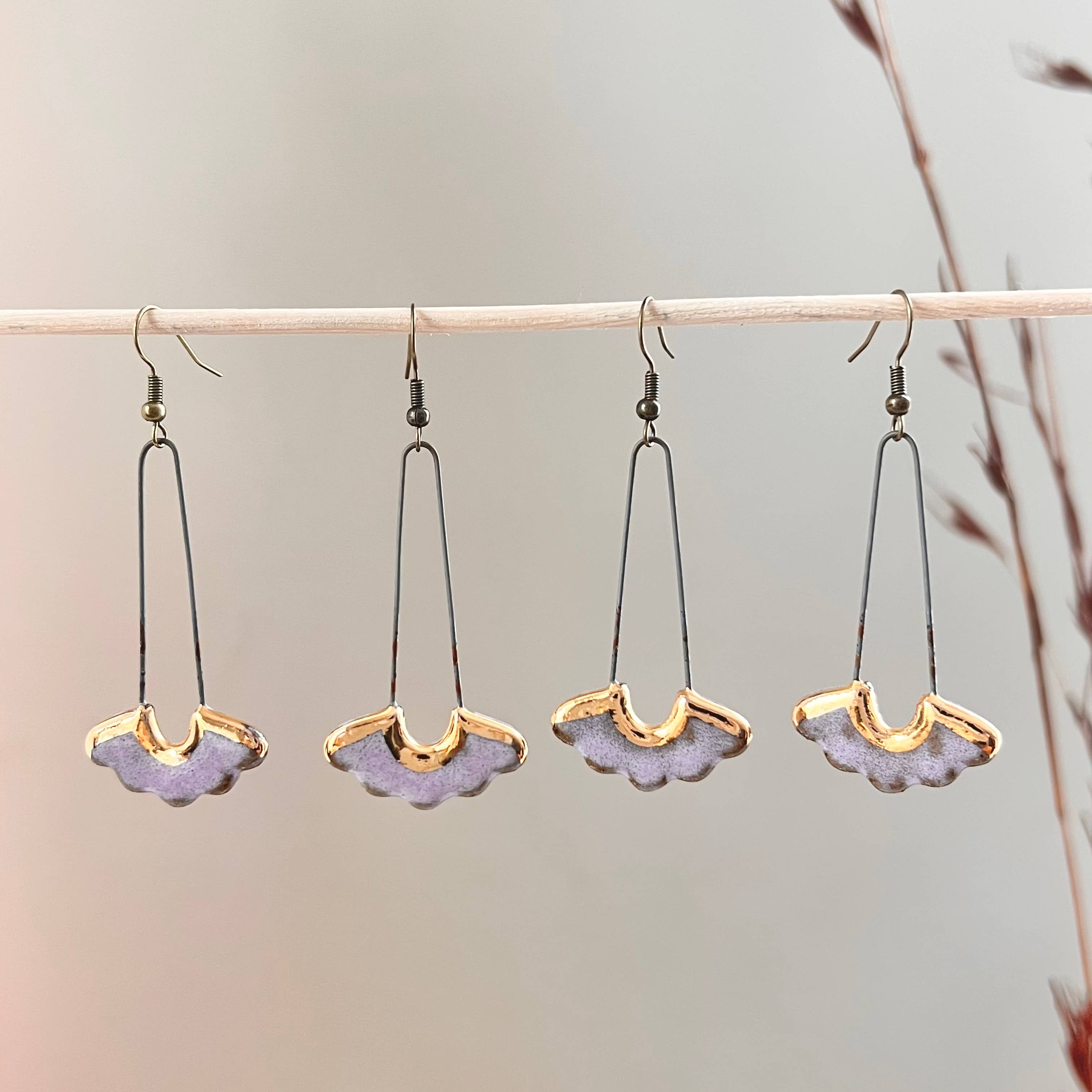 Glossy Lavender Drop Floral Ceramic Earrings with Gold