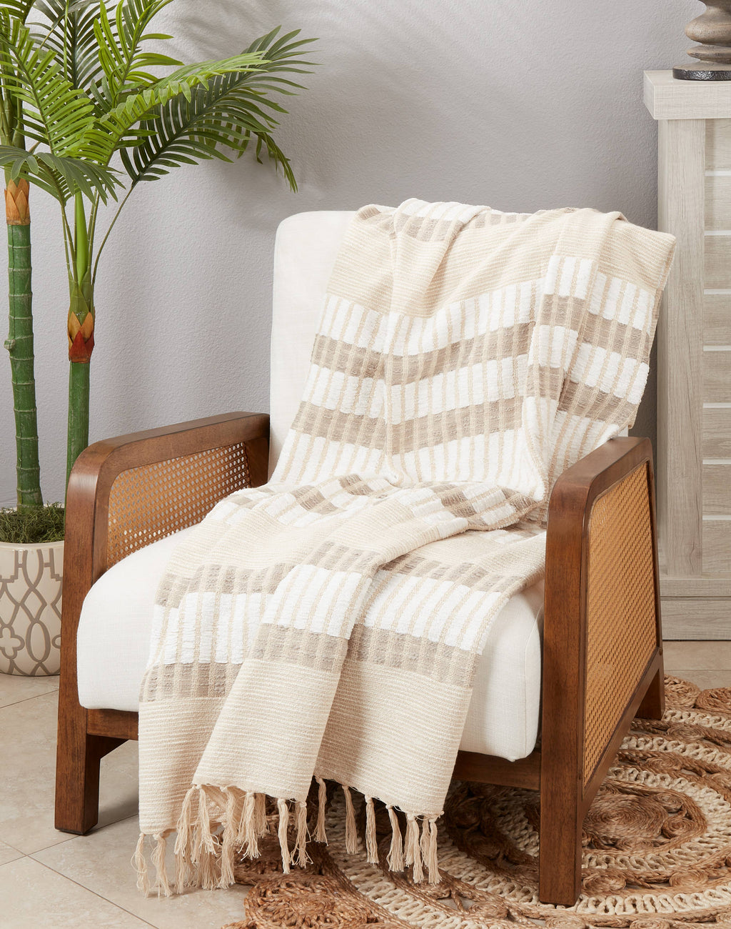 Earthy Elegance Woven Stripe Throw Blanket with Fringe