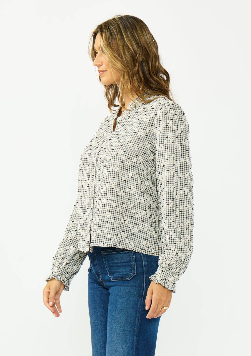 Floral Embroidered Check Ruffle Blouse