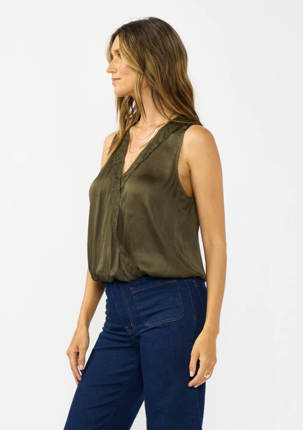 Sleeveless Embroidered Surplice Top with Elastic Hem