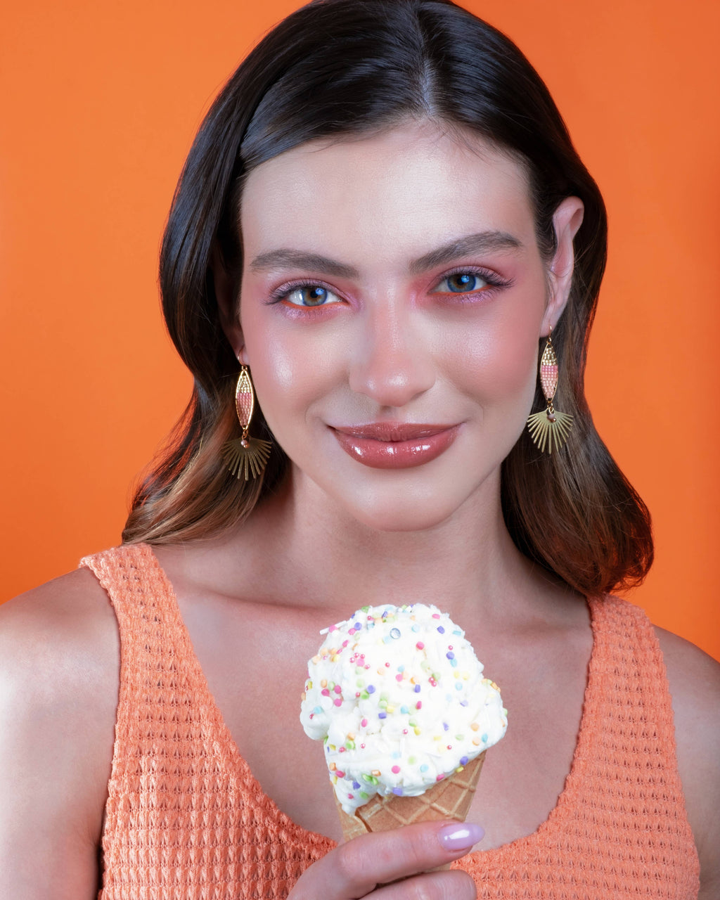 Beaded Handwoven Cotton Candy Dangle Earrings (Pink)