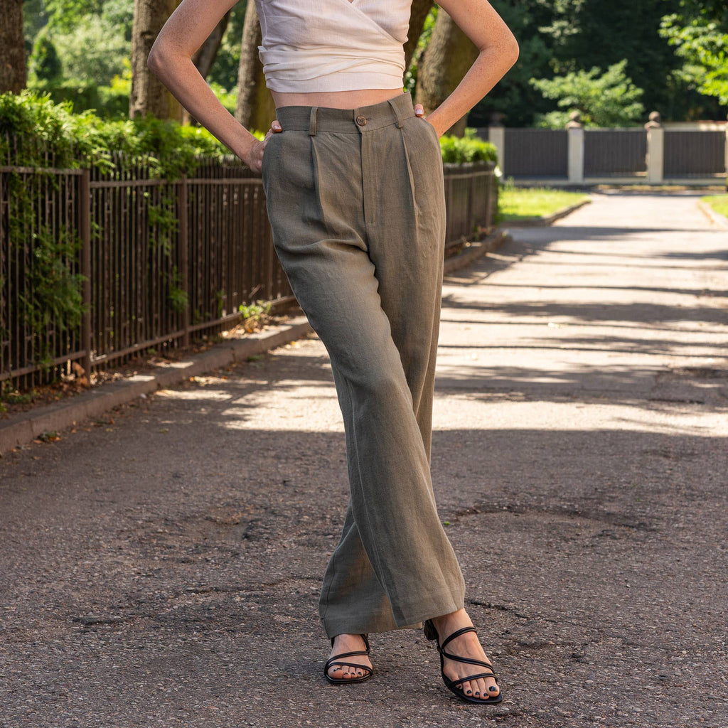 Linen High Drape Pants Lotus - Wide Leg Linen Trousers
