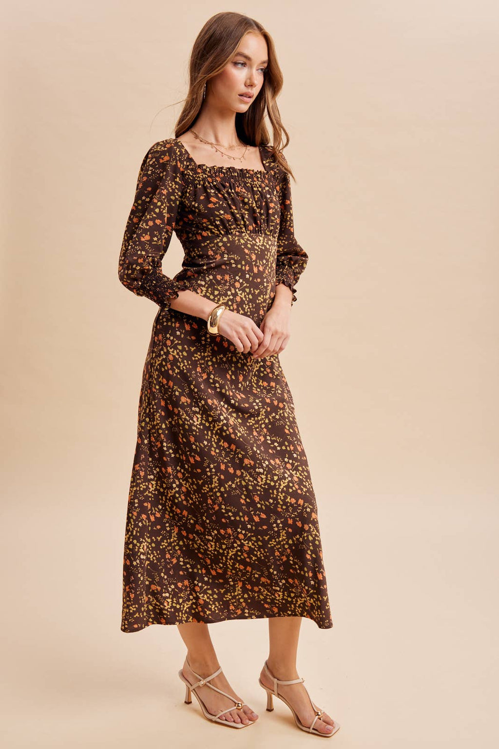SMOCKED FLORAL PRINT MAXI