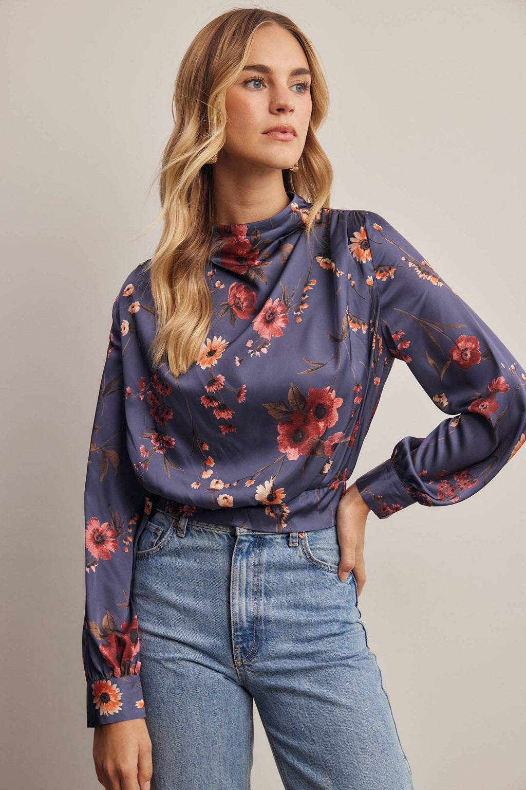 Floral Mock Neck Tie Back Blouse