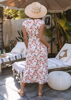 Floral Cap Sleeve Button Down Cut Out Midi Dress