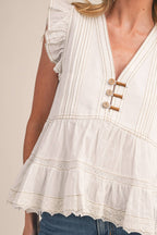 MIXED MEDIA CONTRAST STITCH LACE TRIM TOP