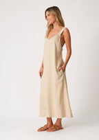 Linen Blend Sleeveless V Neck Midi Dress