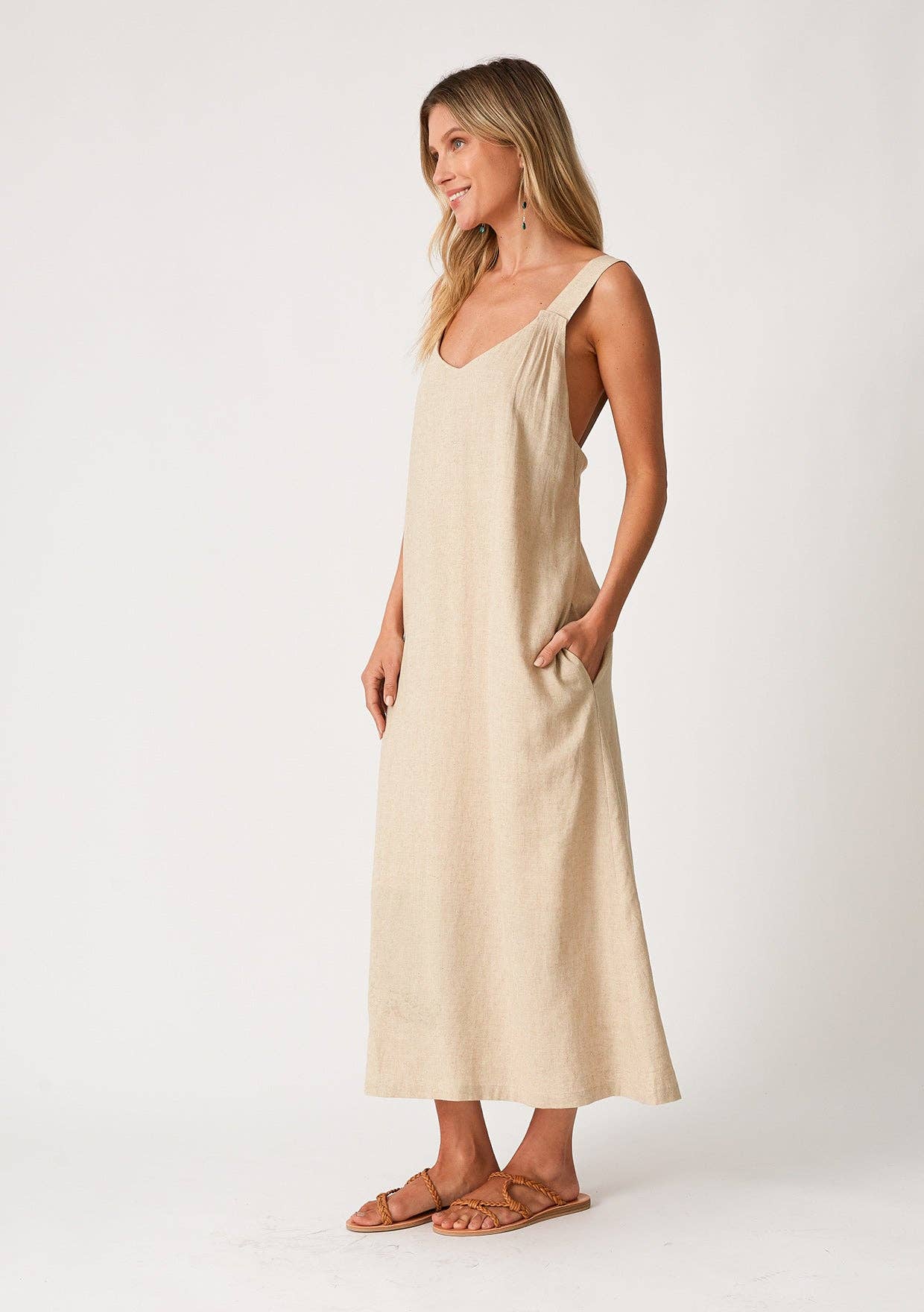 Linen Blend Sleeveless V Neck Midi Dress