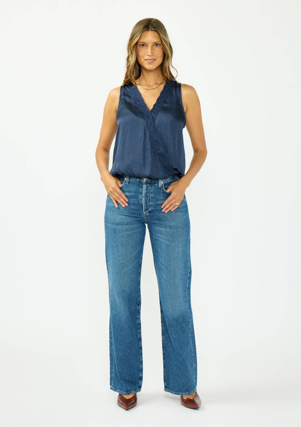 Sleeveless Embroidered Surplice Top with Elastic Hem