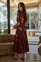 Woven Floral Print Puff Sleeve Midi Dress