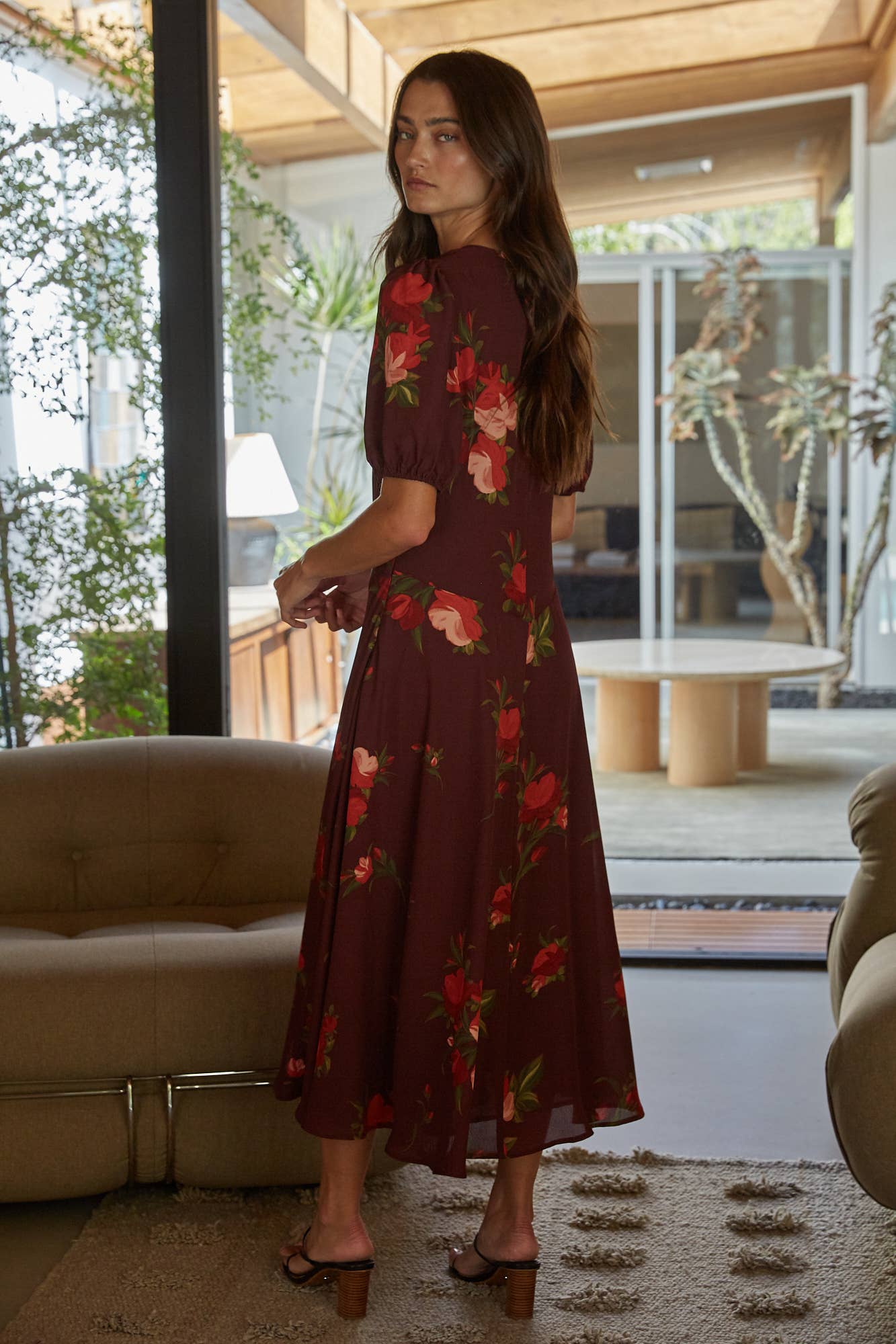 Woven Floral Print Puff Sleeve Midi Dress