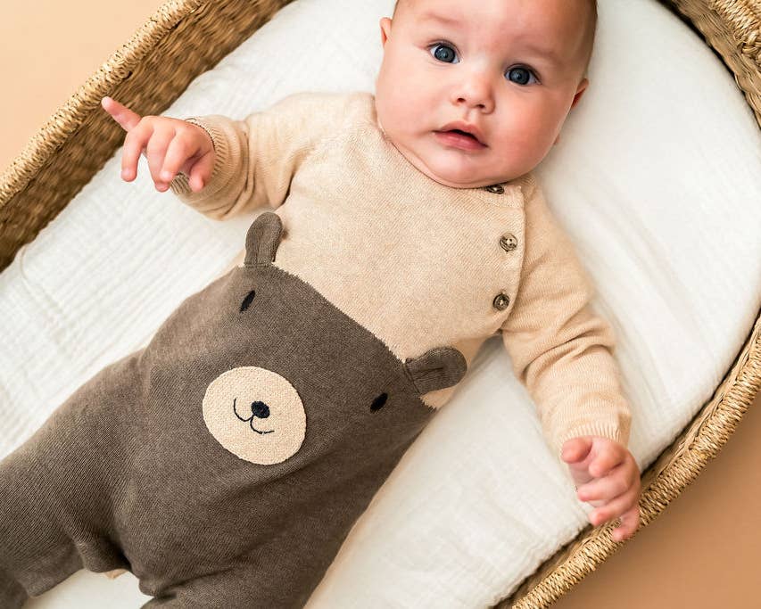 Cuddly Bear Embroidered Sweater Knit Baby Jumpsuit