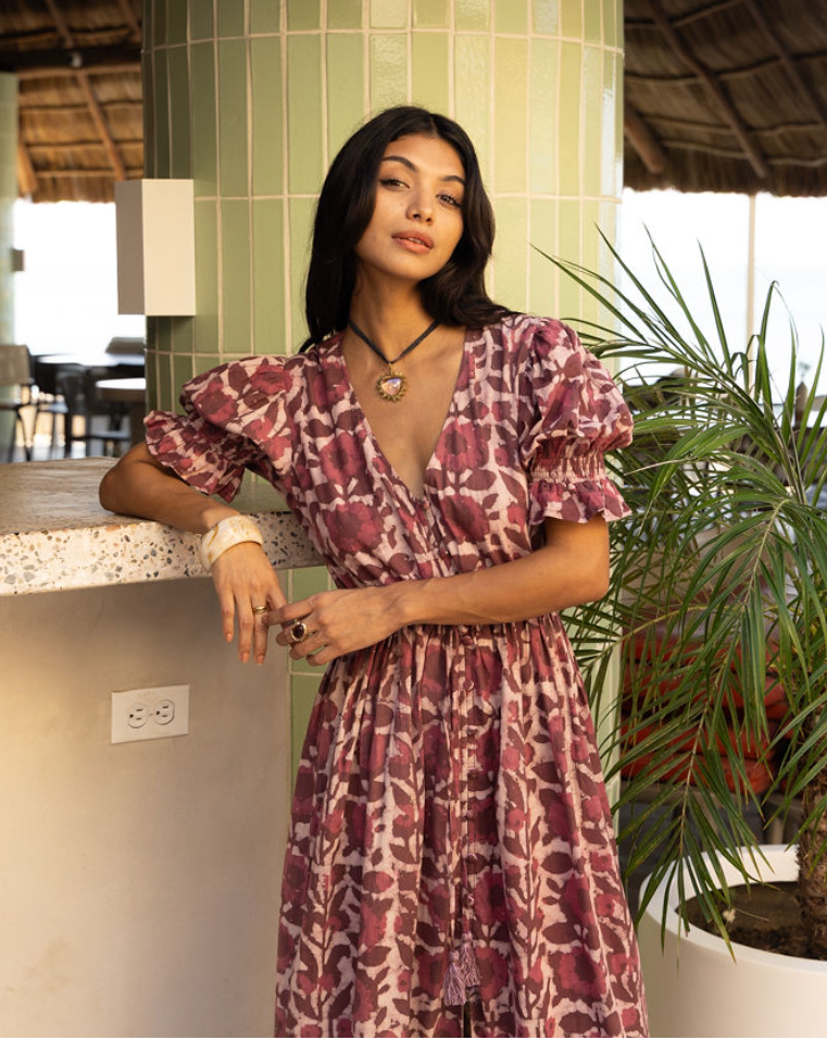 Emelie Block Printed Dress (Wine)
