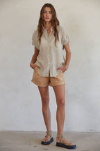 Striped Button Down Collar Neck Short Sleeve Top
