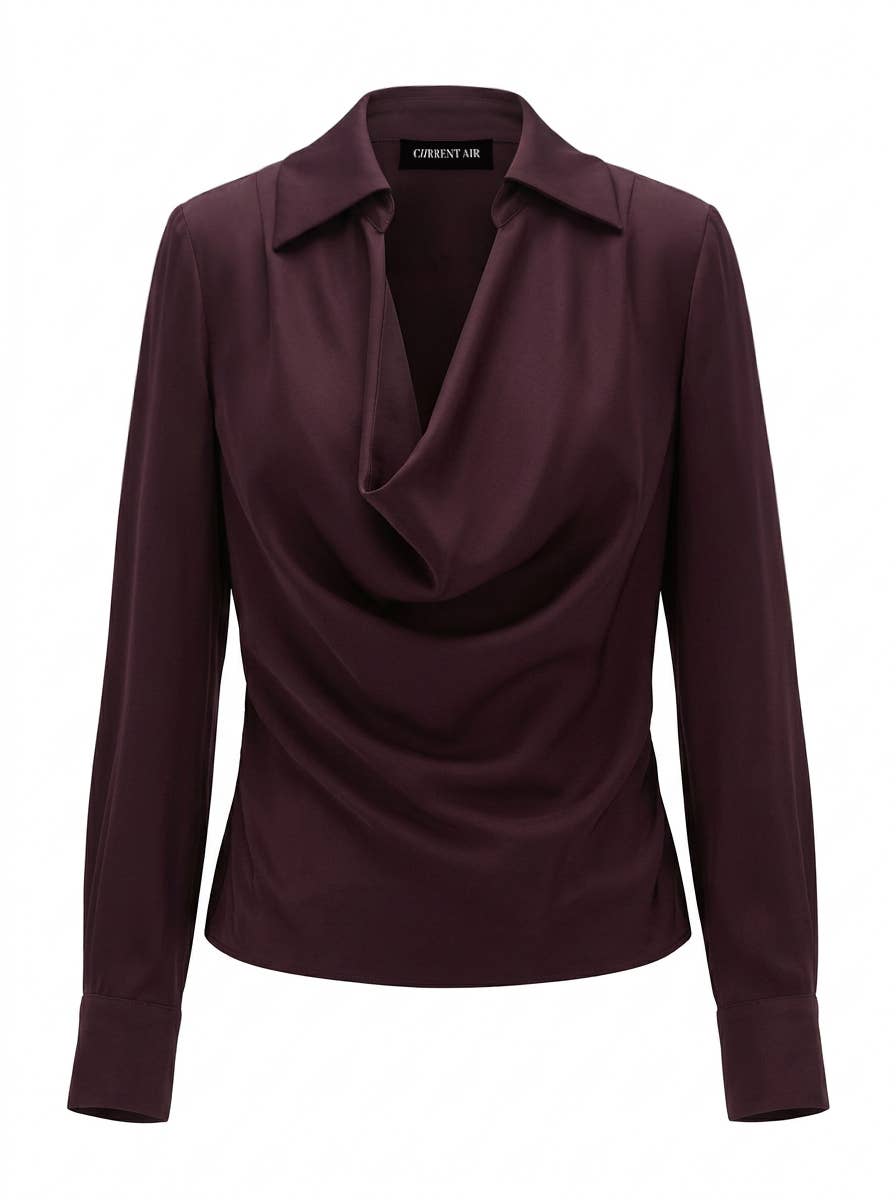 Cowl Neck Collared Long Sleeve Blouse