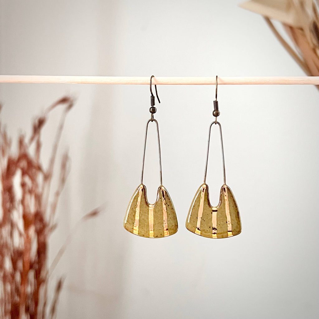 Speckled Olive Dropped and Gold Striped Clay Earrings