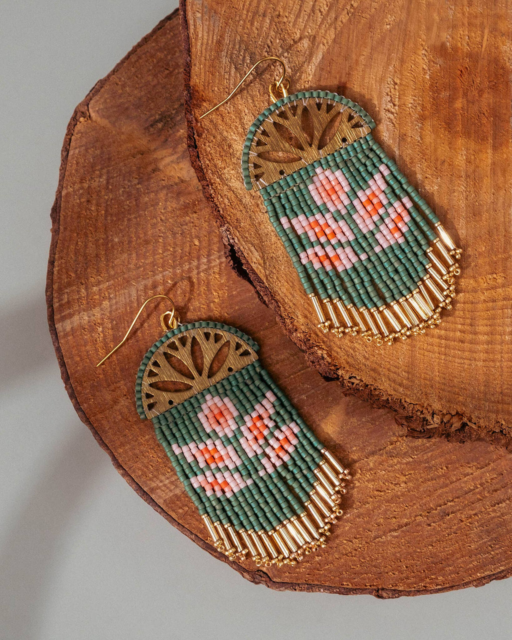 Beaded Handwoven Lotus Fringe Earrings (Green)