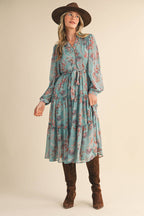 Paisley Print Ruffle Tiered Midi Dress