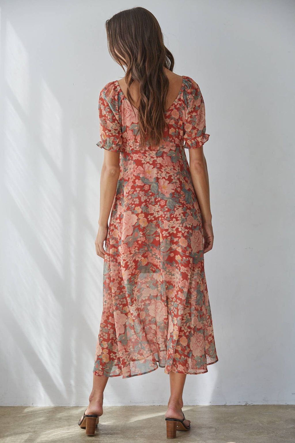 Woven Floral Print V-Neck Qtr. Sleeve Maxi