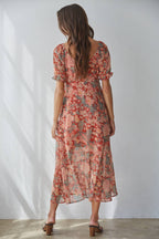 Woven Floral Print V-Neck Qtr. Sleeve Maxi