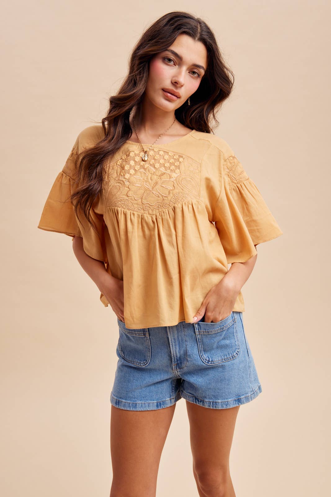 COTTON EMBROIDERED FLUTTER SLEEVE TOP