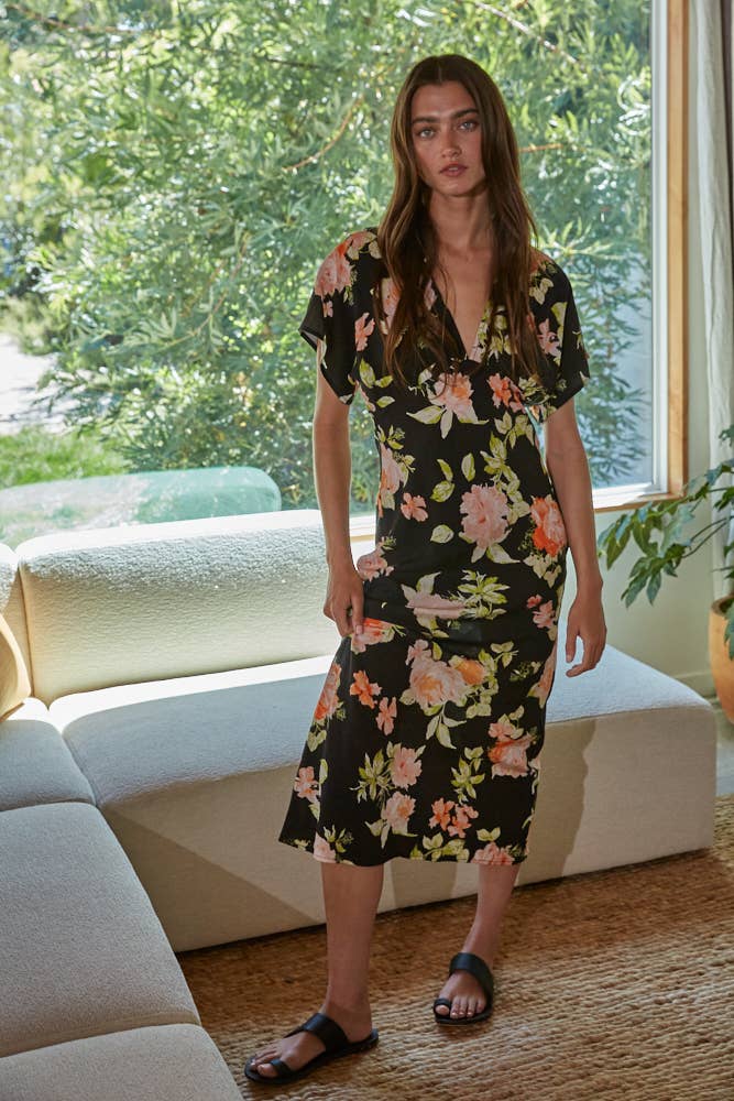 Floral Print Plunged V-Neck Midi Pencil Dress