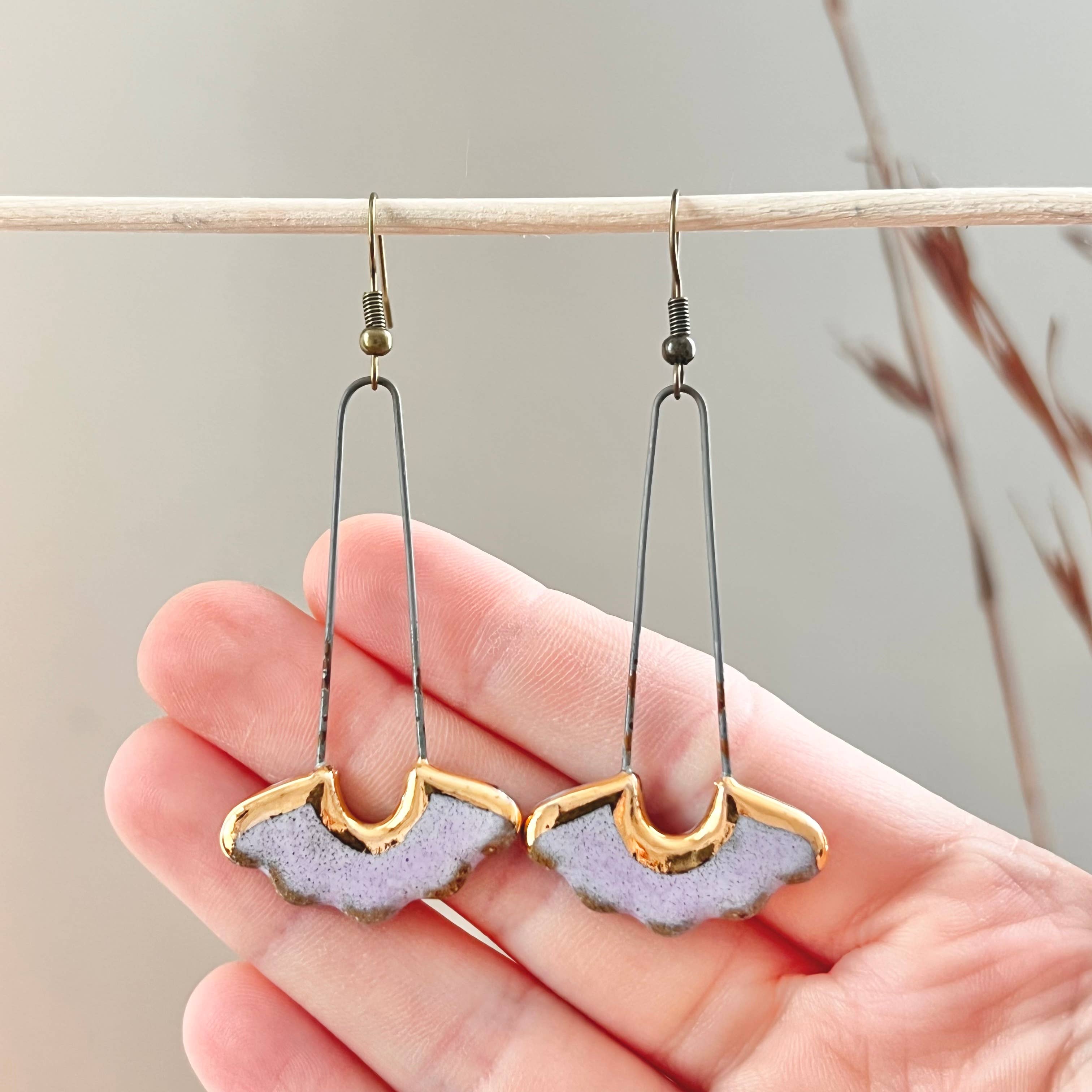 Glossy Lavender Drop Floral Ceramic Earrings with Gold