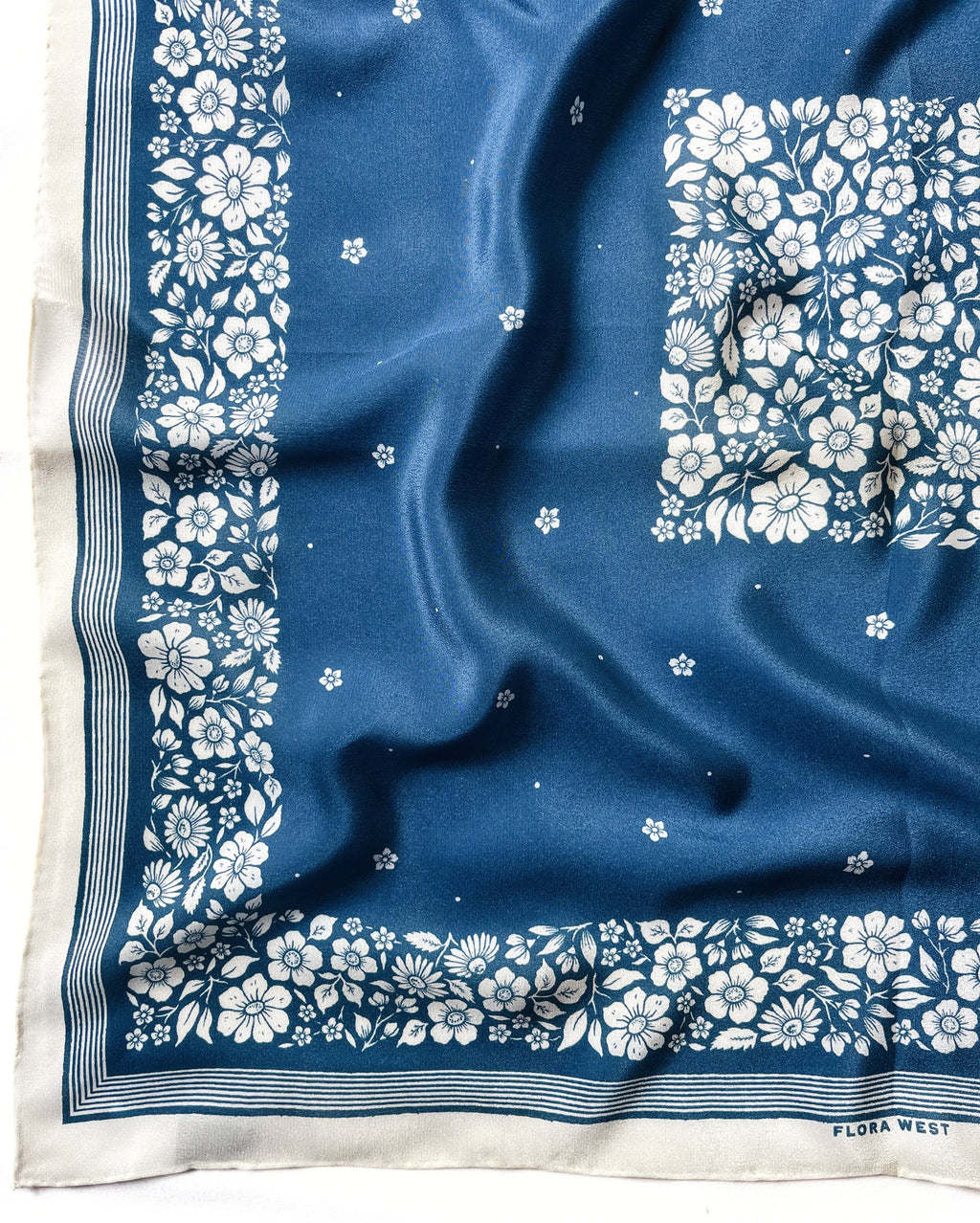 100% Silk Bandana Scarf -Santorini Floral China Blue Western